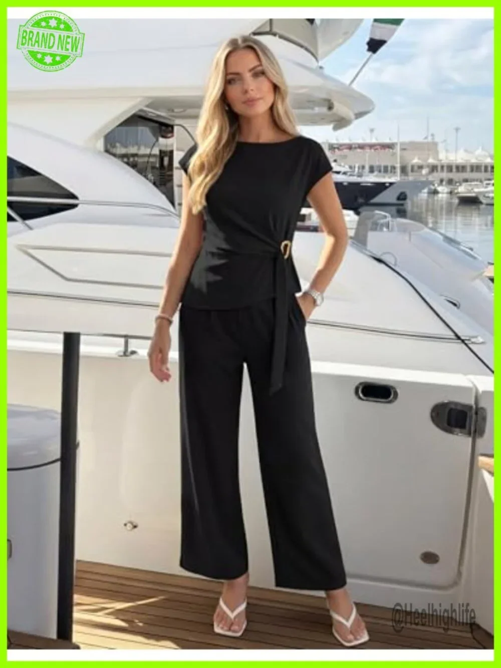 Women's 2 Piece Set - Boat Neck Top & Elastic High Waisted Wide Leg Pants